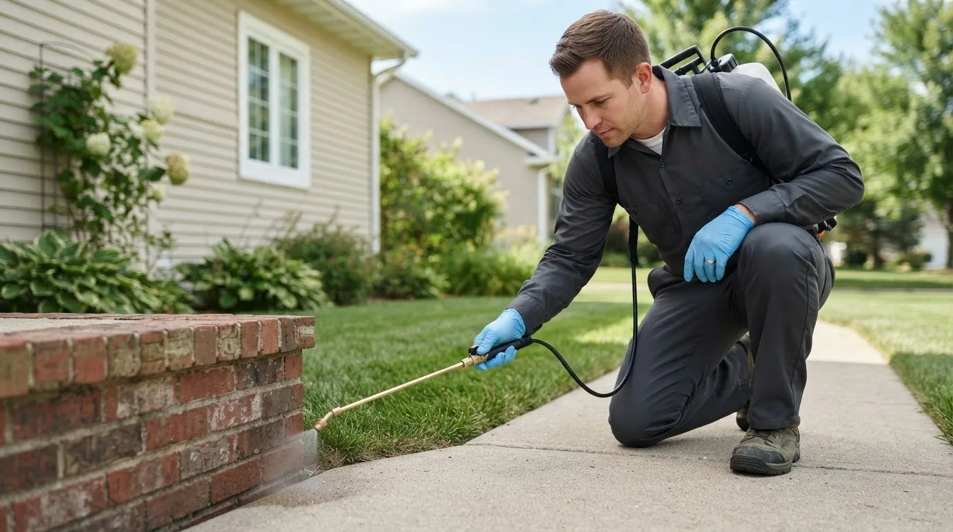 Pest control technician treating a home near Roscoe, IL