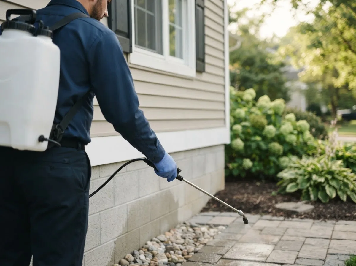 Pest control technician inspecting a home in Roscoe, IL